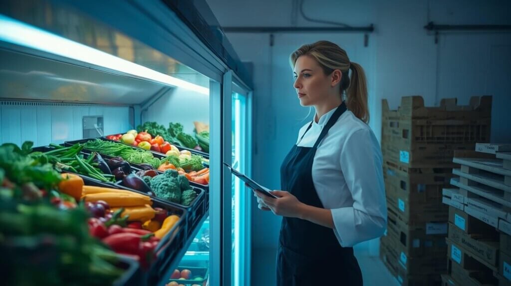 Chef checking inventory in a kitchen storage area