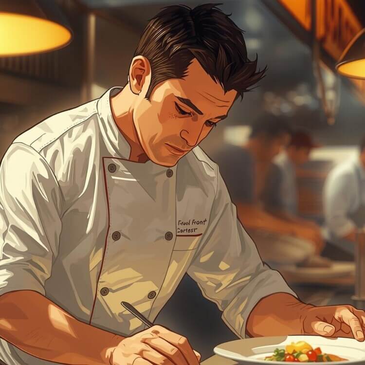 Sous chef inspecting a plated dish at the kitchen pass