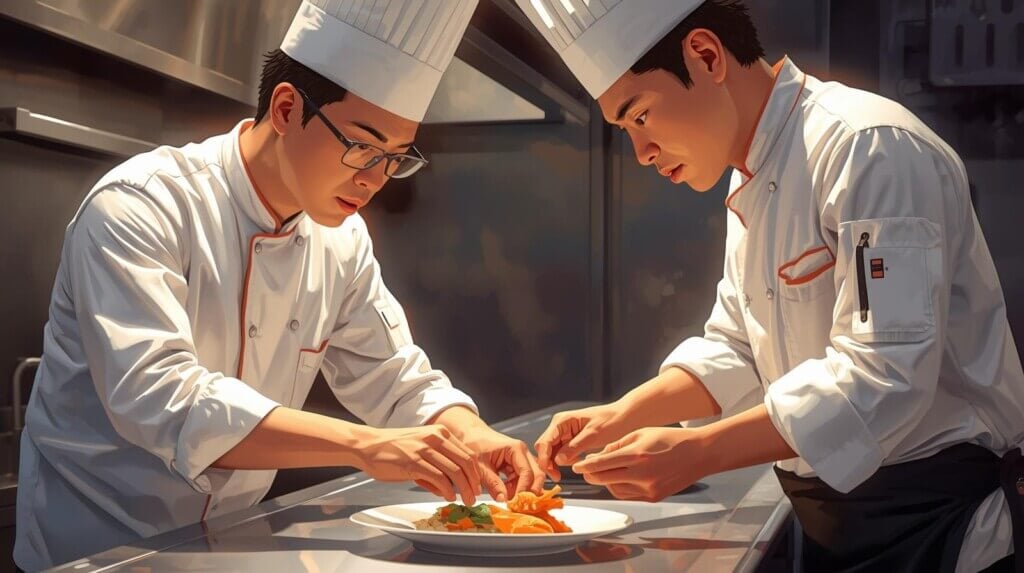 Sous chef training a new cook on plating technique