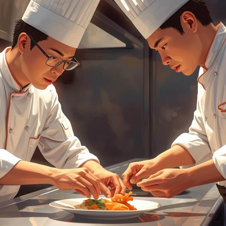 Sous chef training a new cook on plating technique