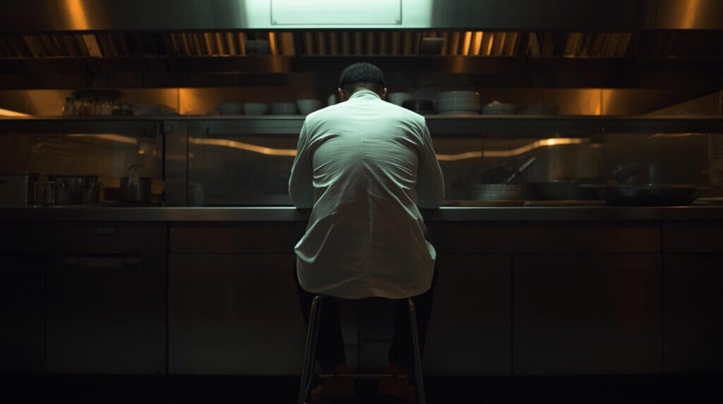 Chef sitting alone in an empty kitchen after a long service shift