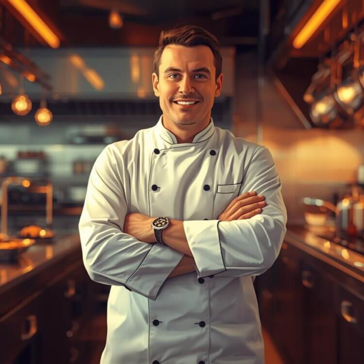 Executive chef standing confidently in a professional restaurant kitchen