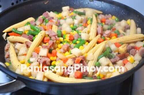 young baby corn ham and jicama stir fry recipe with carrots and green peas