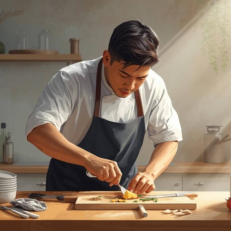 An aspiring chef practicing at his home kitchen