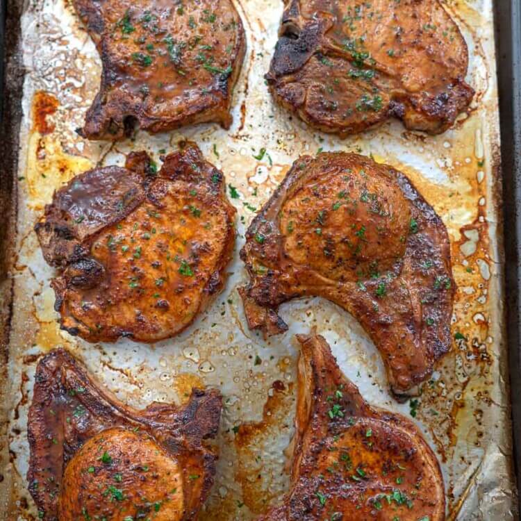 Pork chops on a tray right out of the oven