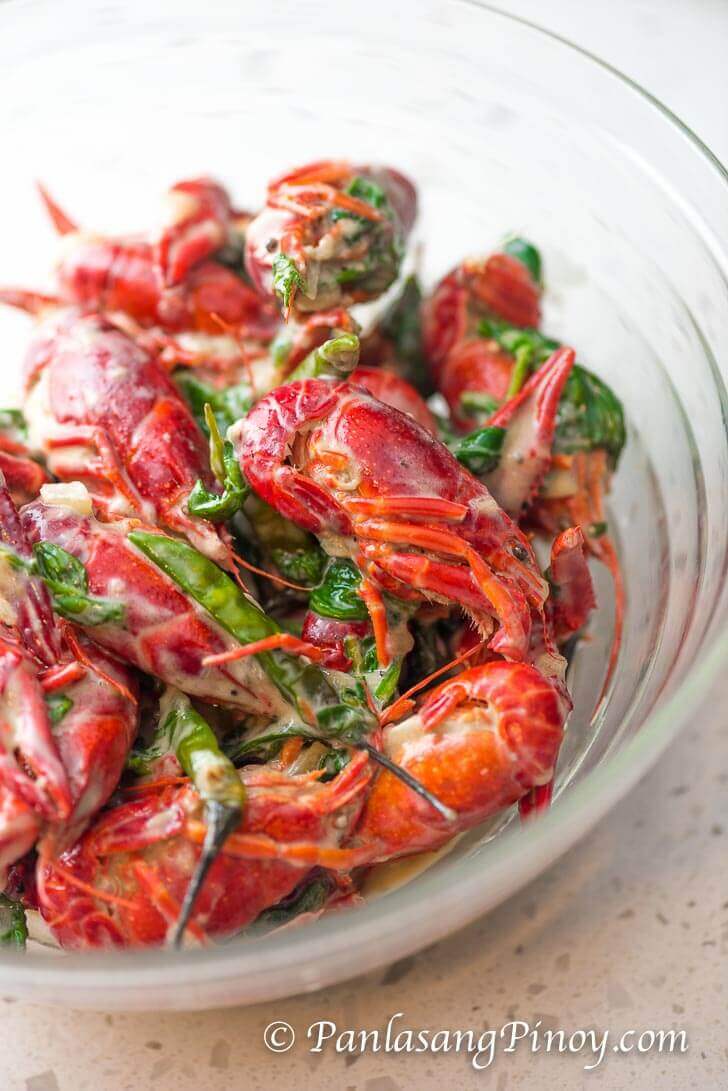 Crawfish Cooked in Coconut Milk with Spinach