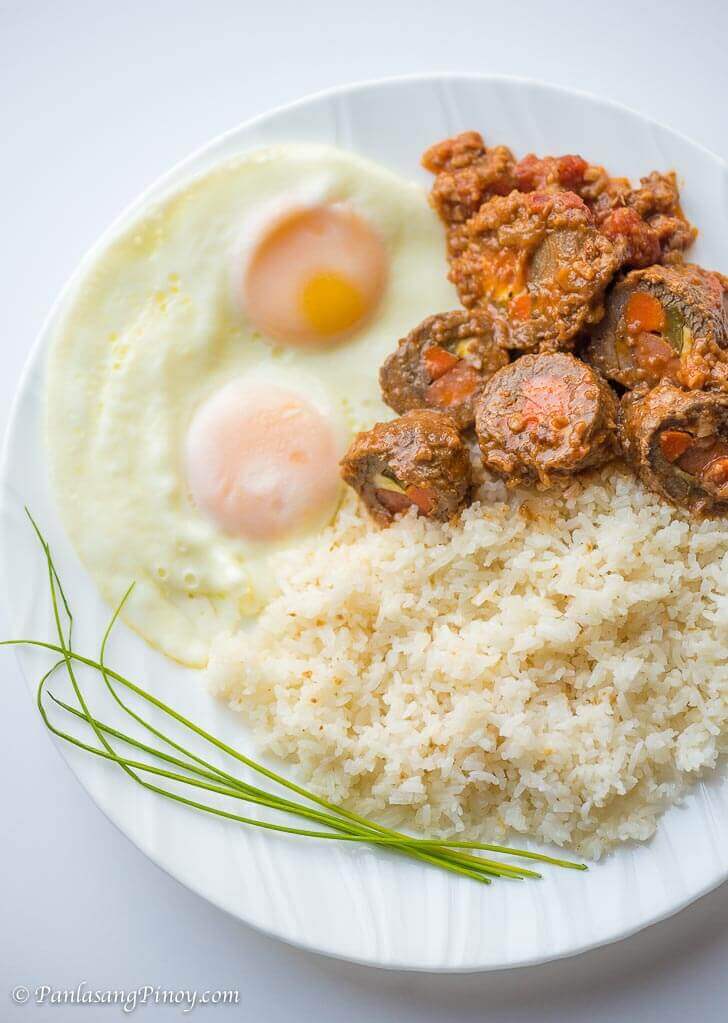 Filipino Beef Morcon with Garlic Fried Rice and Fried Eggs Recipe