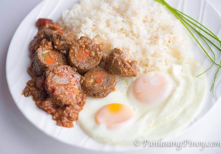 Filipino Beef Morcon with Garlic Fried Rice and Fried Eggs 