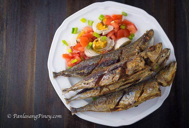 Fried Galunggong with salted egg and tomato salad