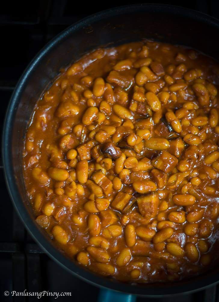homemade pork and beans with smoked bacon