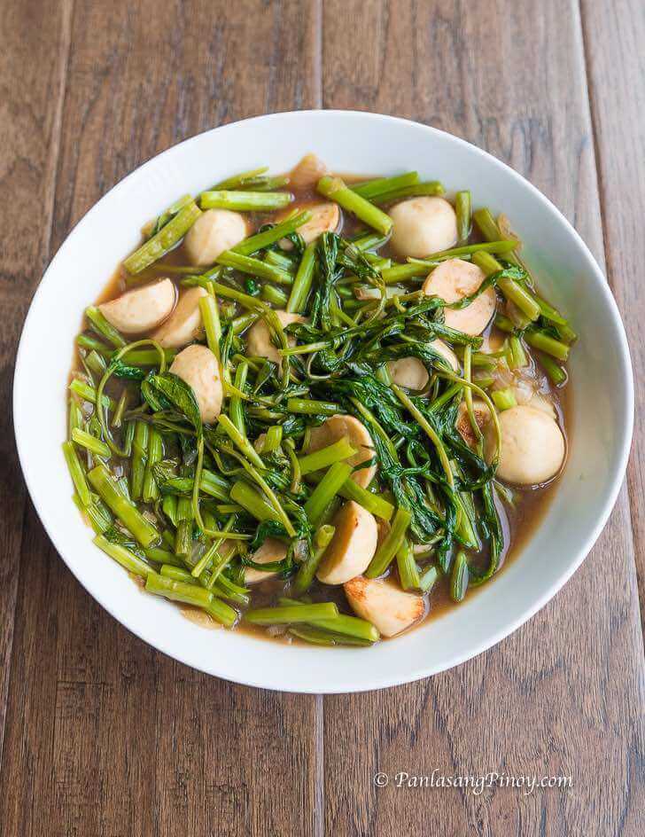 Kangkong with squid balls in Oyster Sauce Recipe