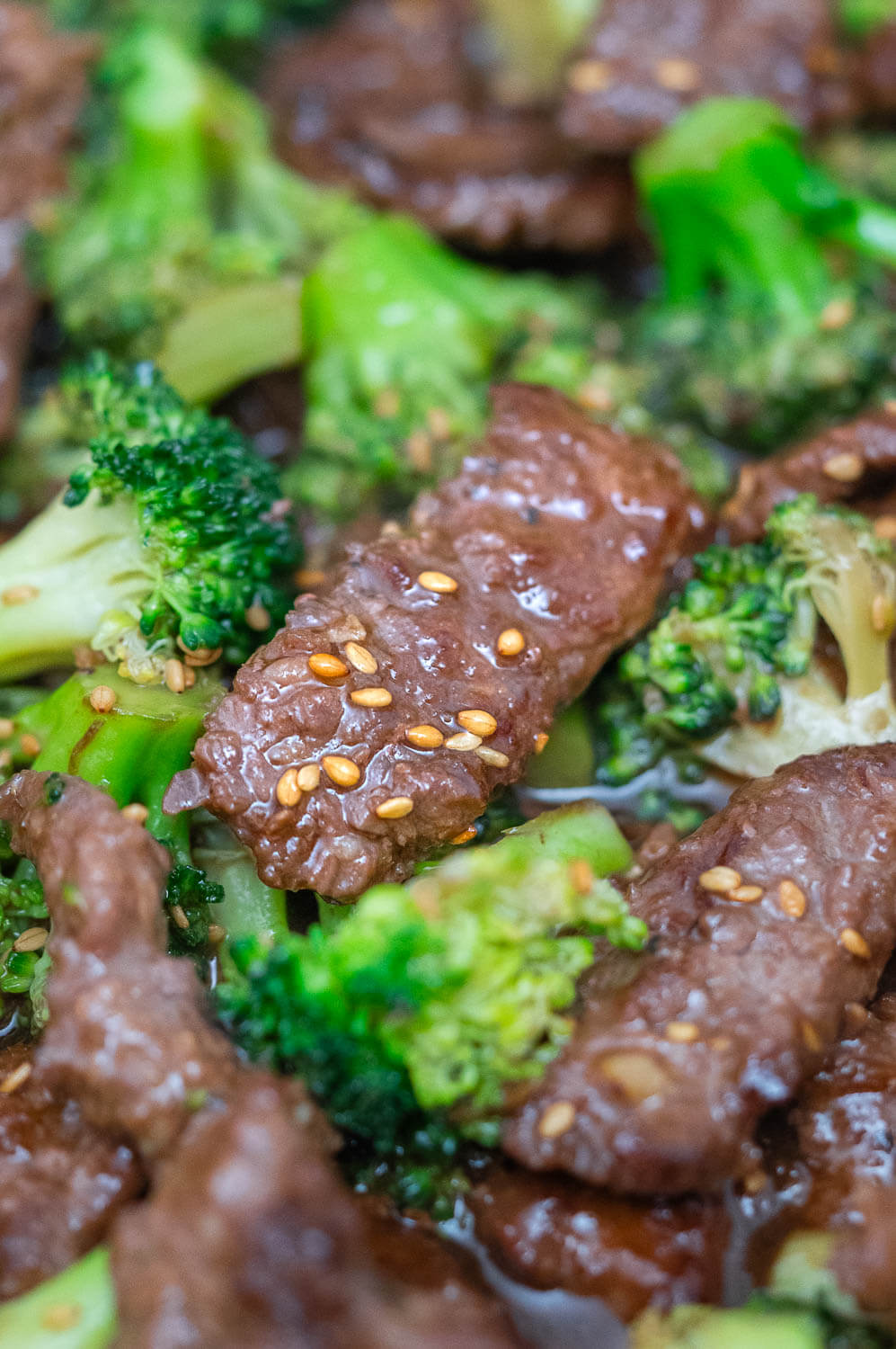 Close-up of beef and broccoli with sesame seeds