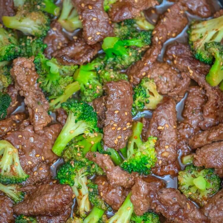 Top shot of beef and broccoli