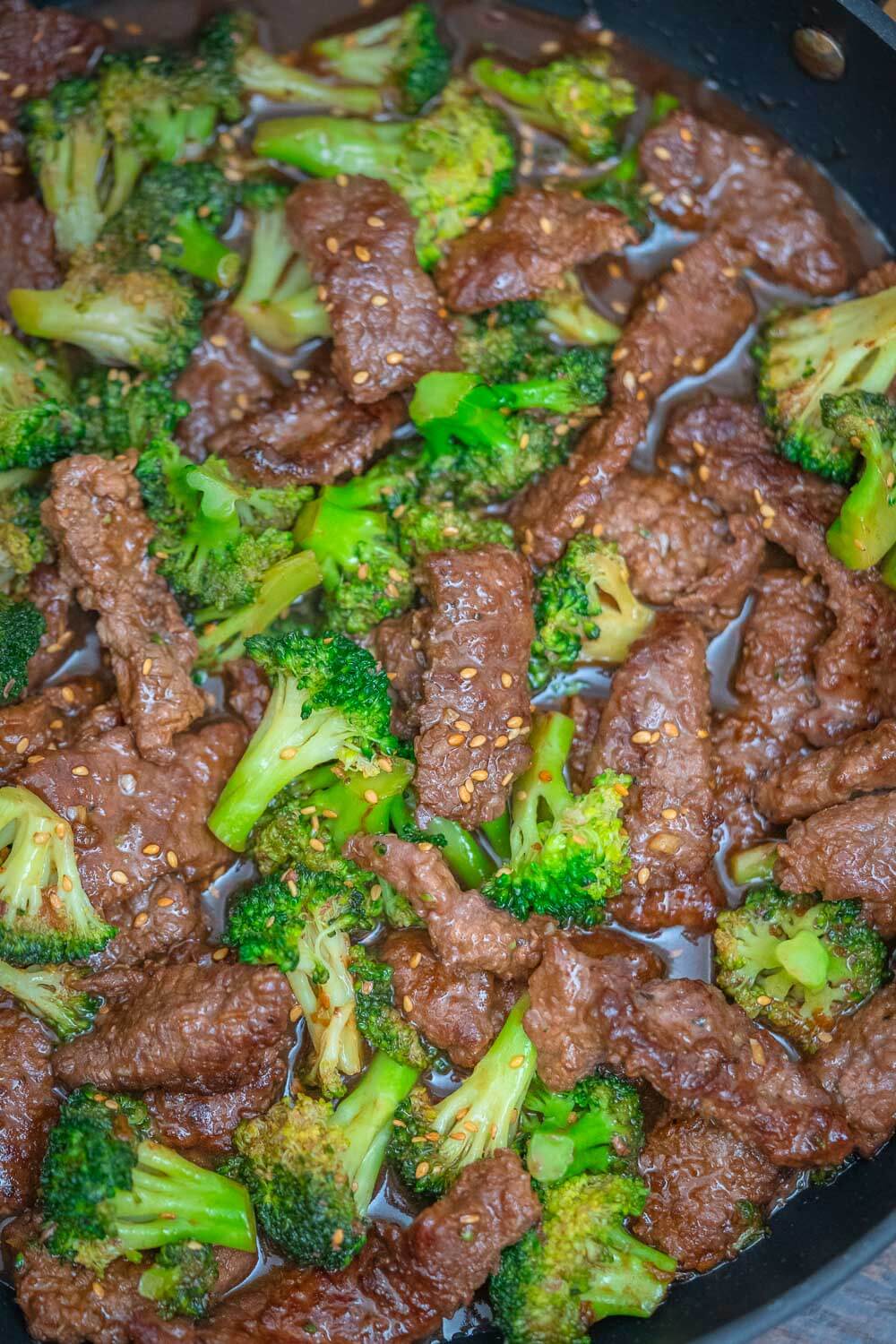 Top shot of beef and broccoli