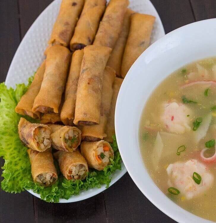 Crab and Corn Soup with Chicken Spring Rolls