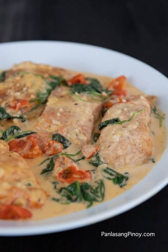Creamy Garlic Salmon with Tomato and Spinach Panlasang Pinoy