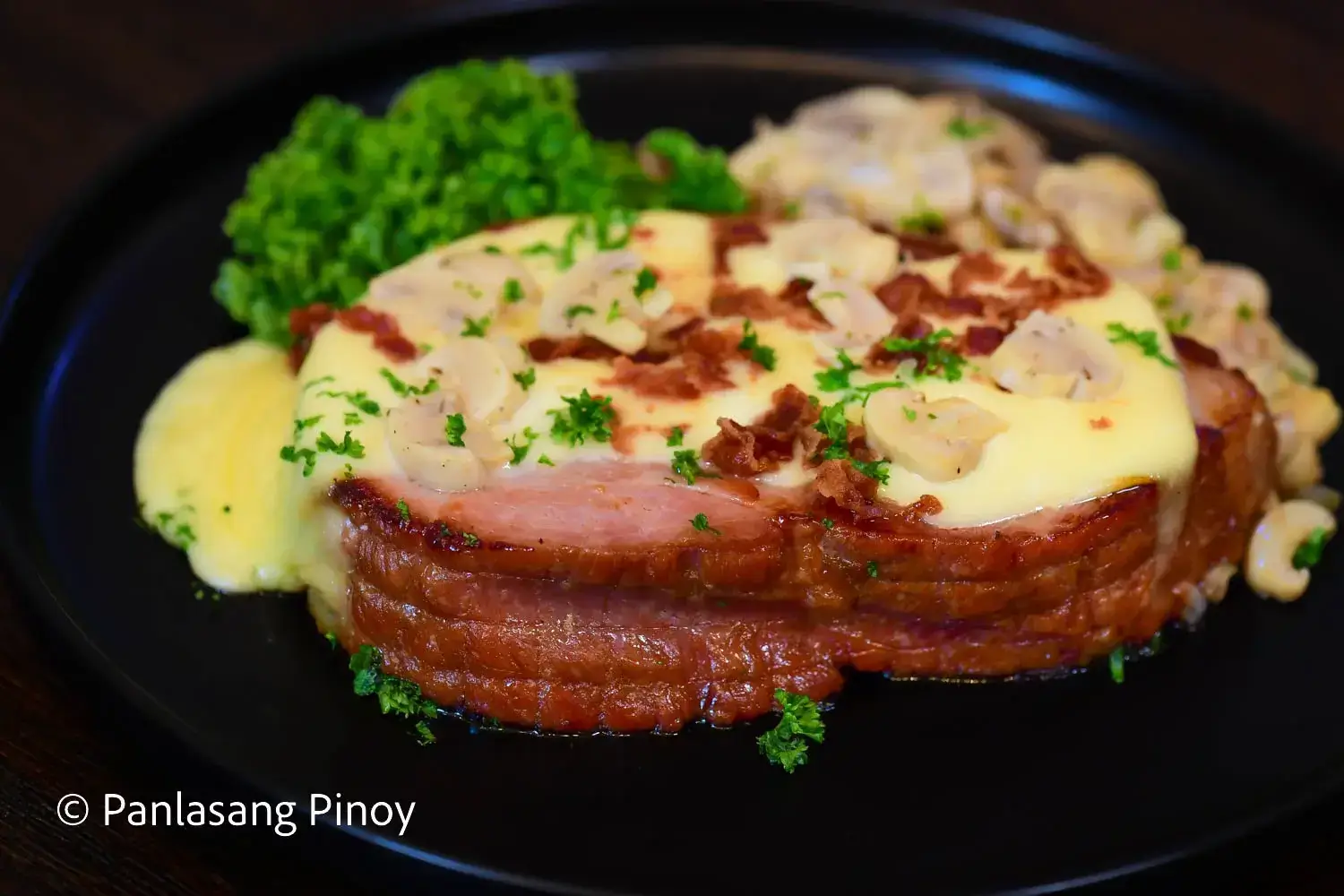 cheesy ham steak with bacon and mushroom