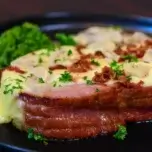 cheesy ham steak with bacon and mushroom recipe