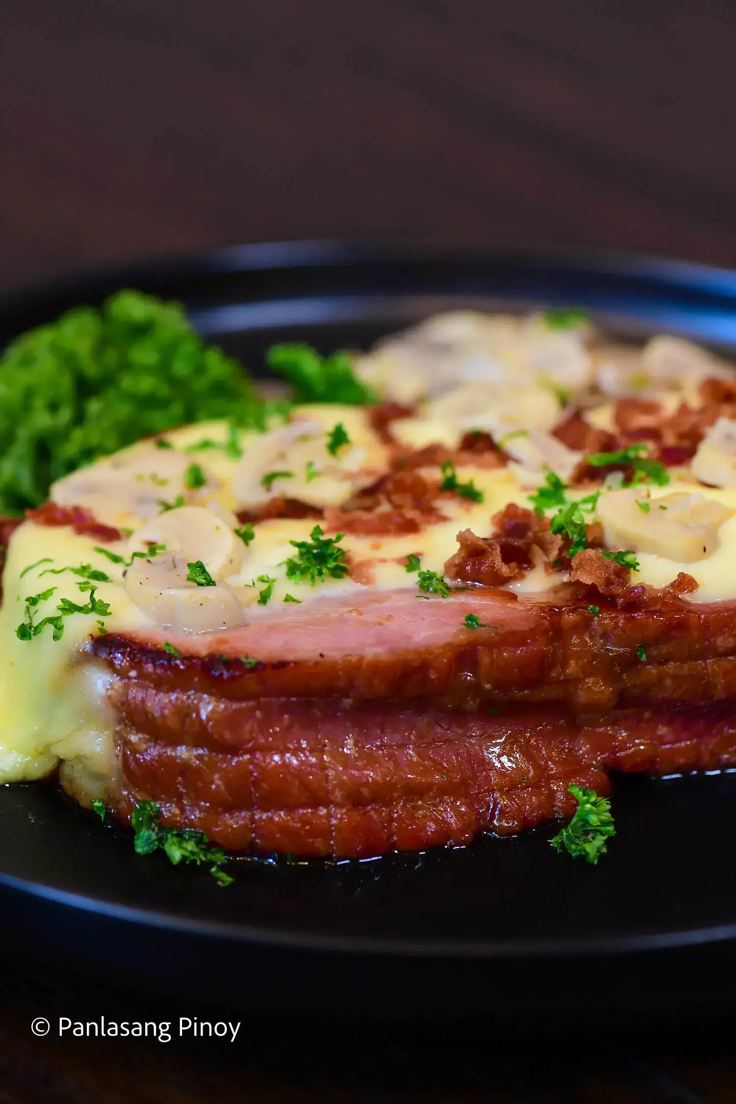 cheesy ham steak with bacon and mushroom recipe