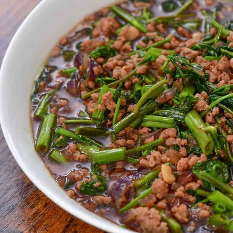 kangkong and ground pork in oyster sauce
