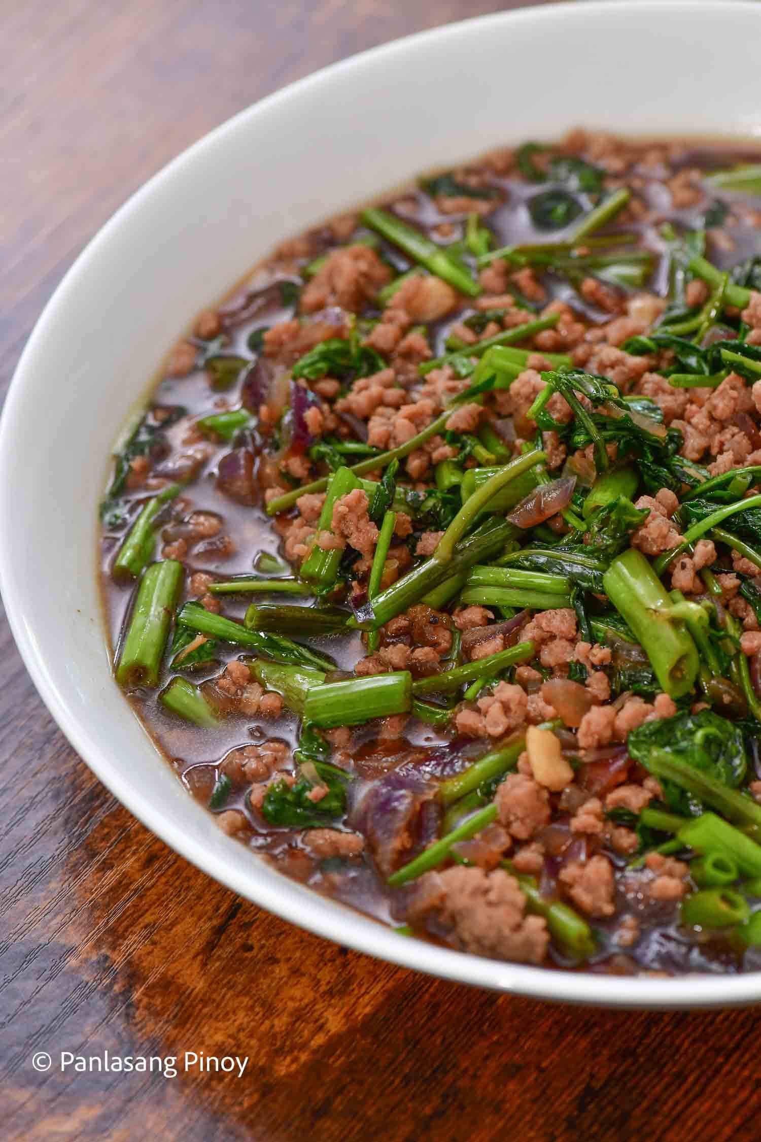 kangkong and ground pork in oyster sauce
