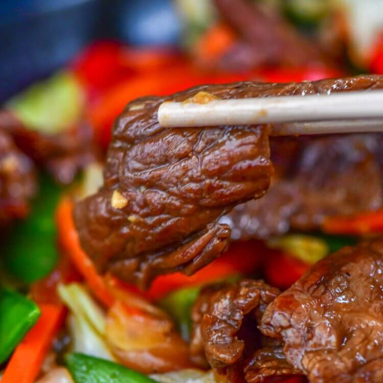 Beef Chop Suey on Chop Sticks Close Up