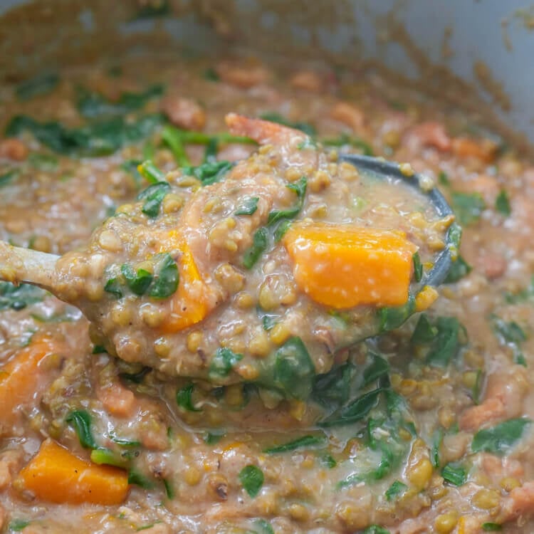 Ginisang munggo with squash in a pot