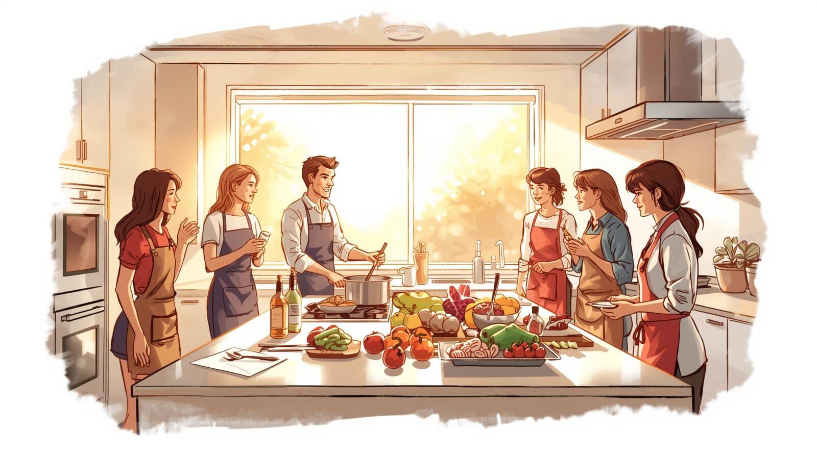 Cooking instructor guiding students