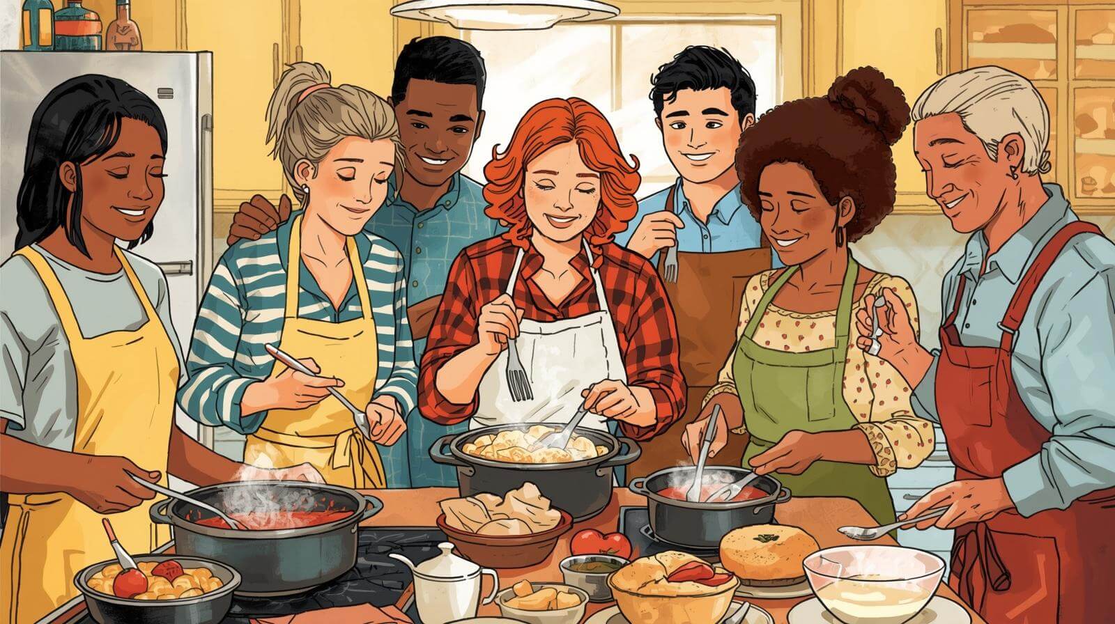 group of home cooks happily stirring pots and tasting their dishes during a lesson.