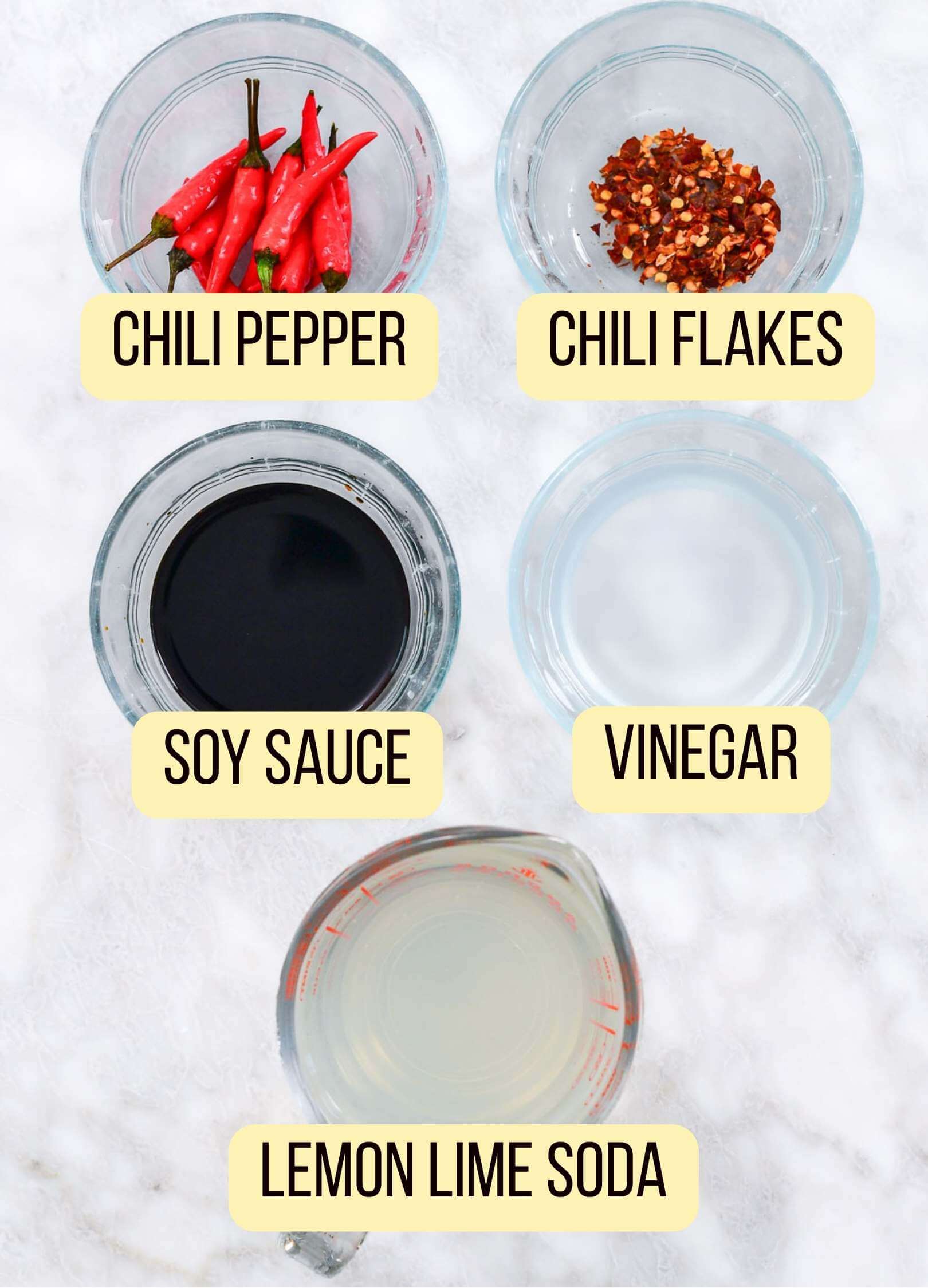 Chili pepper, chili flakes, soy sauce, vinegar, lemon lime soda