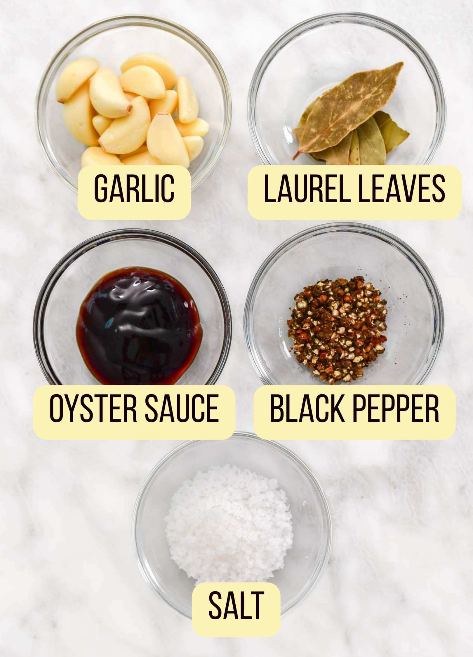 garlic, laurel leaves, oyster sauce, black pepper, salt