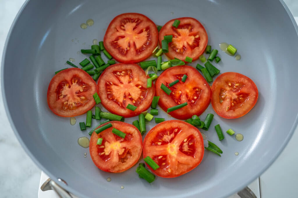 Breakfast quesadilla -add tomato and green onion
