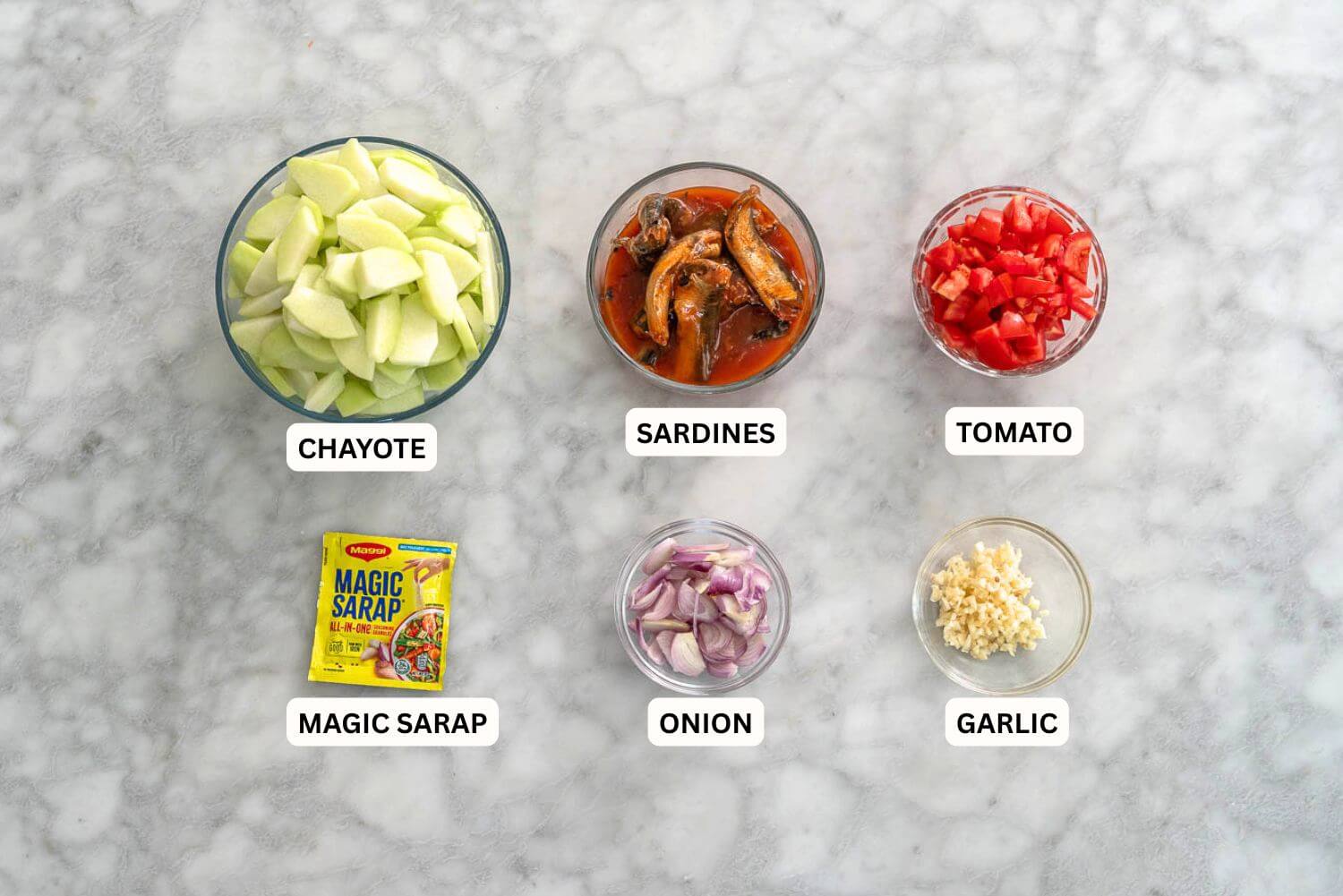 Ginisang sayote at sardinas ingredients