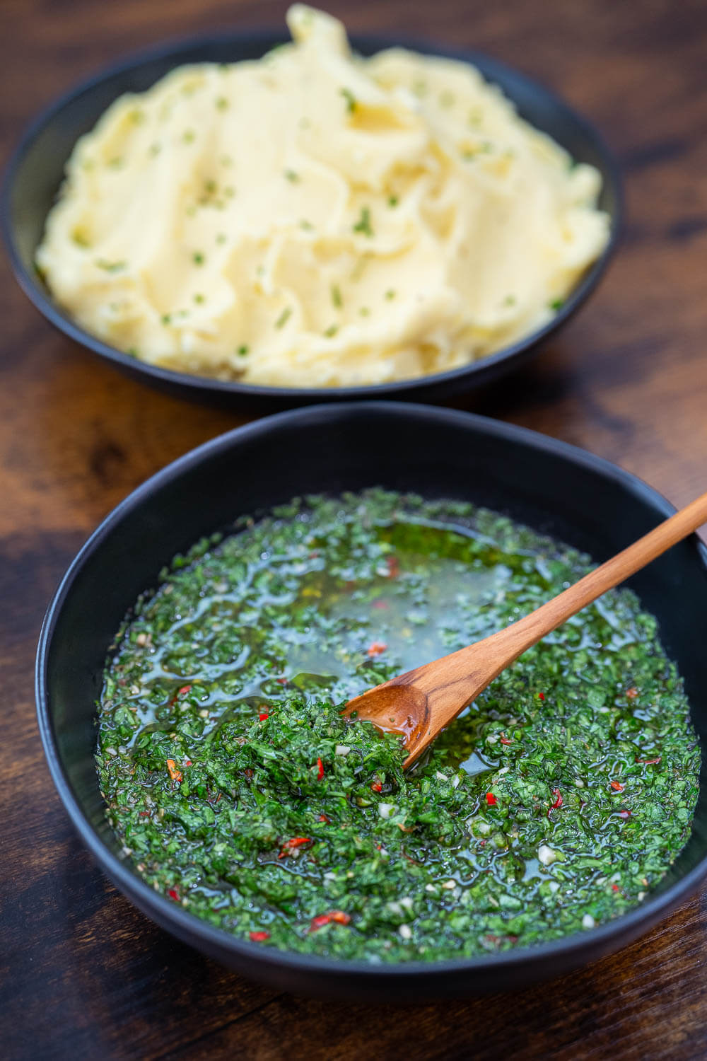chimichurri sauce and mashed potatoes
