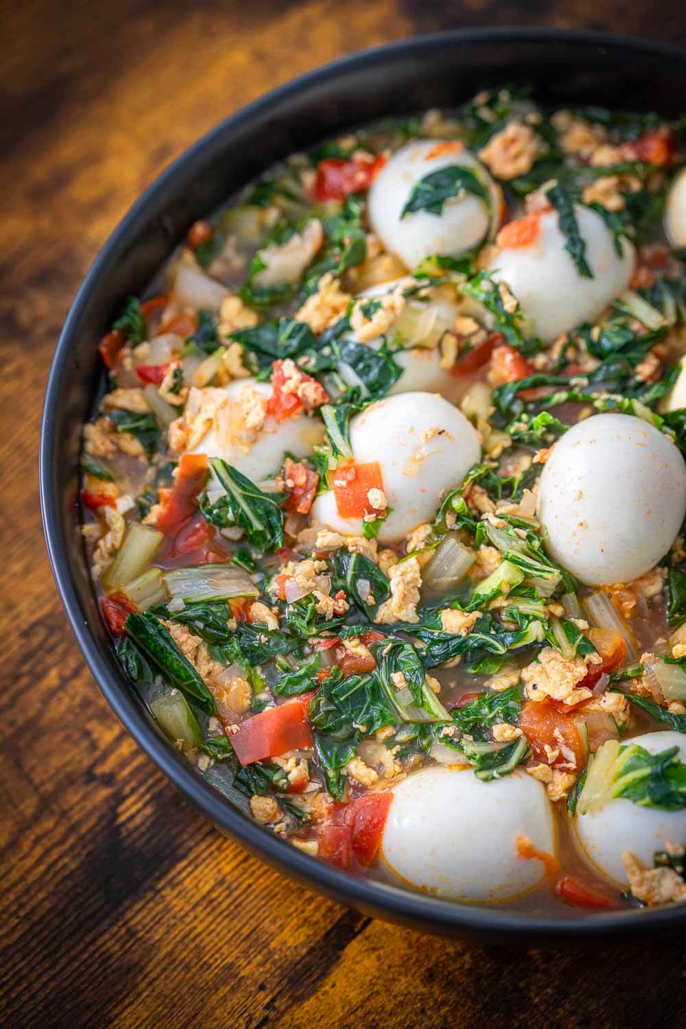 sarciado with bok choy and boiled eggs