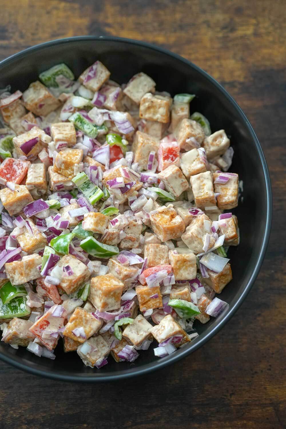 top view of crispy tofu sisig on a bowl