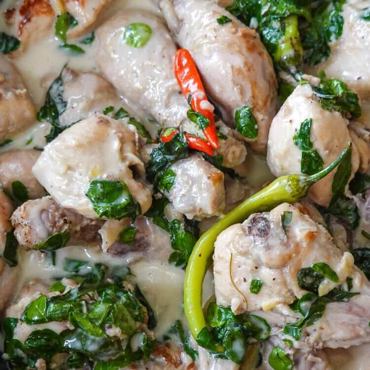 Chicken stew with coconut milk on a cooking pot
