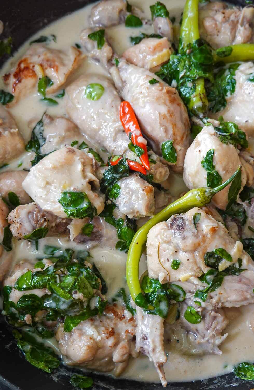 Chicken stew with coconut milk on a cooking pot